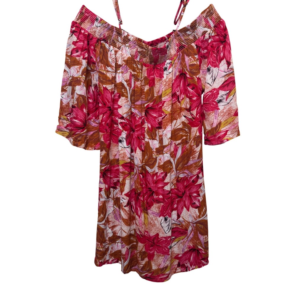 Lascana Womens Floral Off Shoulder‎ Dress 10 Pink Tropical Smocked Boho Summer